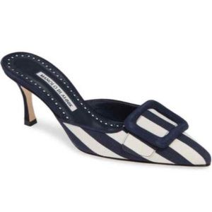 Rare Manolo Blahnik Maysale Blue & White Stripe Wide Strap Mules Si…